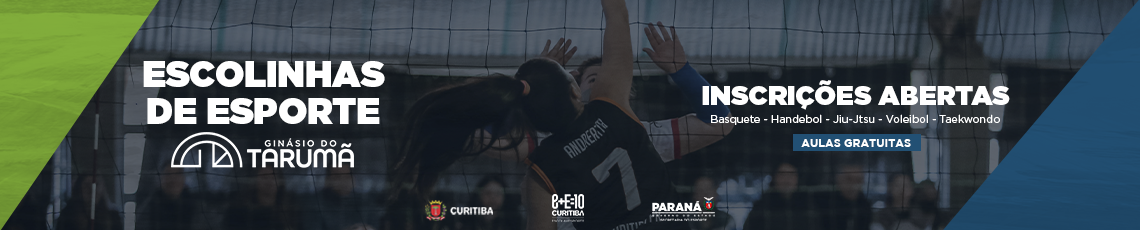 banner om os dizeres escolinhas de esporte inscrições abertas aulas gratuitas. No fundo tem uma foto de uma equipe feminina de vôlei